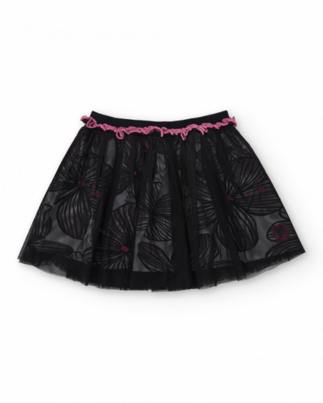 Girl's black skirt with floral print tulle and ruched pink waistband Girl's black skirt with floral print tulle and ruched pink waistband