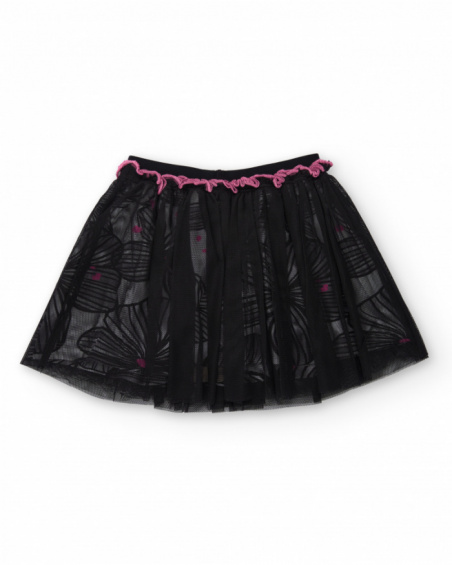 Girl's black skirt with floral print tulle and ruched pink waistband Girl's black skirt with floral print tulle and ruched pink waistband