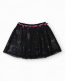 Girl's black skirt with floral print tulle and ruched pink waistband Girl's black skirt with floral print tulle and ruched pink waistband
