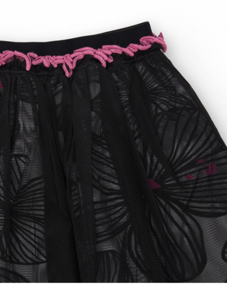 Girl's black skirt with floral print tulle and ruched pink waistband Girl's black skirt with floral print tulle and ruched pink waistband