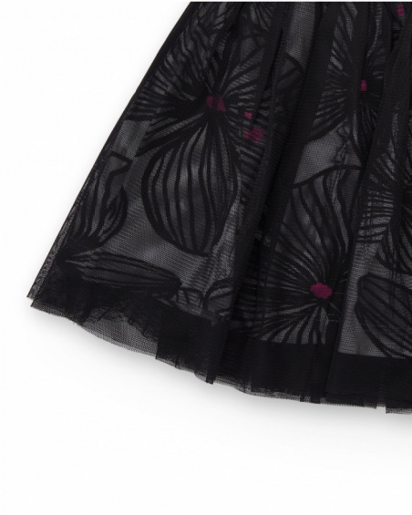 Girl's black skirt with floral print tulle and ruched pink waistband Girl's black skirt with floral print tulle and ruched pink waistband
