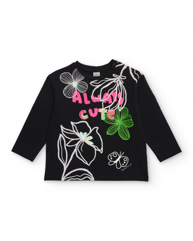 Long sleeve t-shirt for girl in black with floral print