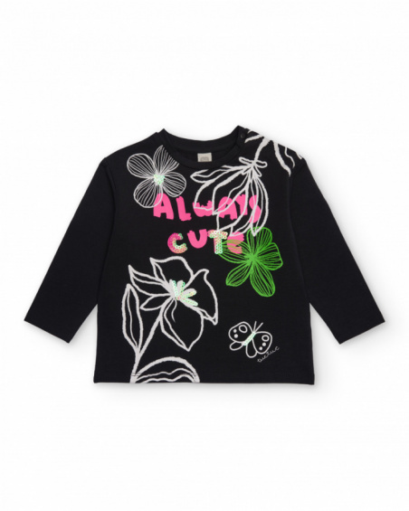 Long sleeve t-shirt for girl in black with floral print Long sleeve t-shirt for girl in black with floral print
