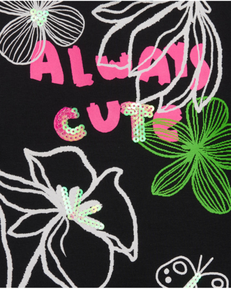 Long sleeve t-shirt for girl in black with floral print Long sleeve t-shirt for girl in black with floral print