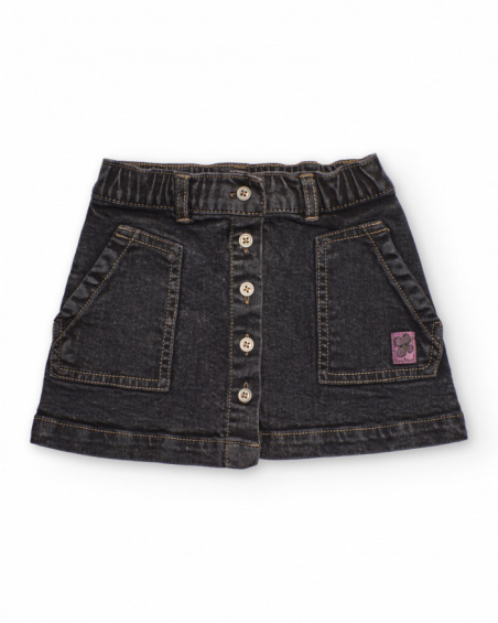 Girl's black denim skirt with patch pockets and buttons Girl's black denim skirt with patch pockets and buttons