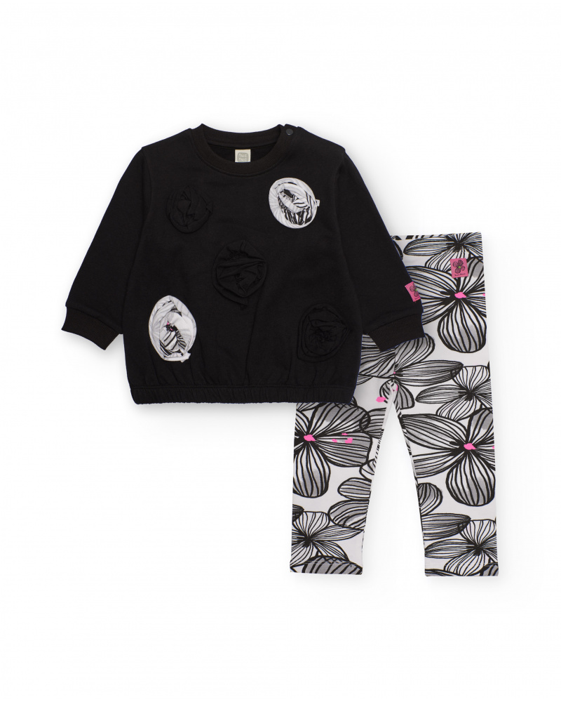 Girl's set in black and white with printed leggings and applied flowers
