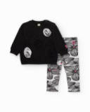 Girl's set in black and white with printed leggings and applied flowers Girl's set in black and white with printed leggings and applied flowers