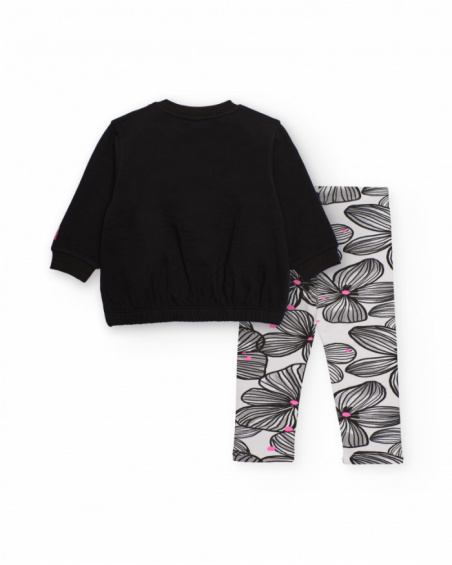 Girl's set in black and white with printed leggings and applied flowers Girl's set in black and white with printed leggings and applied flowers