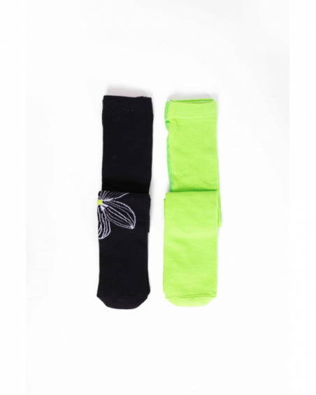 Pack of tights for girl in black with flower and plain green Pack of tights for girl in black with flower and plain green