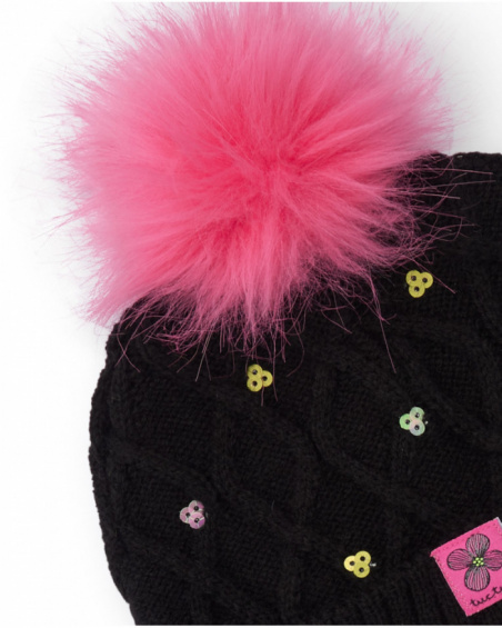 Set of beanie and neck warmer for girl in black with pink pompom and sequins