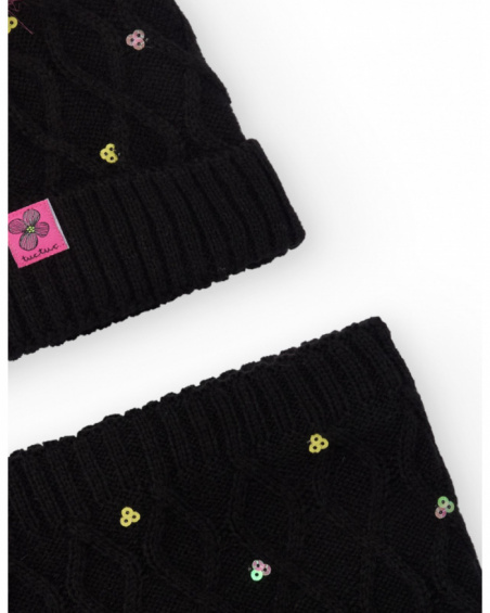 Set of beanie and neck warmer for girl in black with pink pompom and sequins