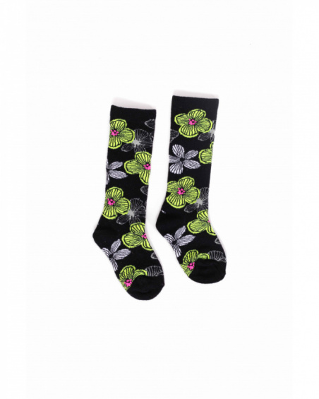 Socks for girl in black with large green and white flowers Socks for girl in black with large green and white flowers