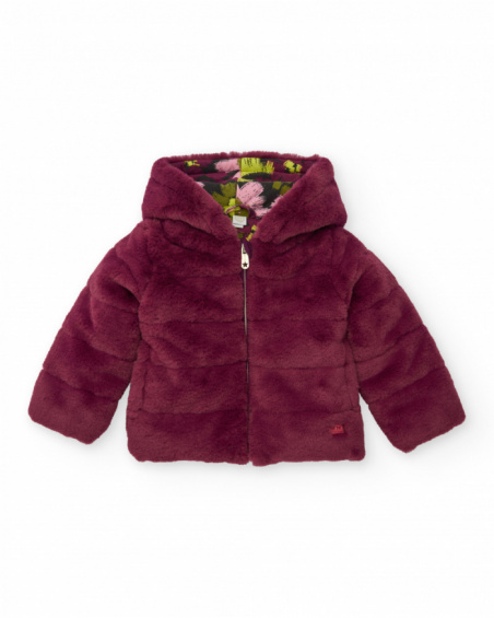 Faux fur jacket for girl in burgundy with hood and floral lining