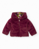 Faux fur jacket for girl in burgundy with hood and floral lining Faux fur jacket for girl in burgundy with hood and floral lining