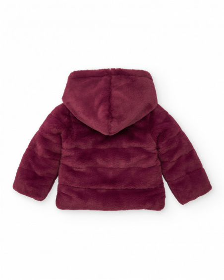 Faux fur jacket for girl in burgundy with hood and floral lining