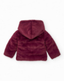 Faux fur jacket for girl in burgundy with hood and floral lining Faux fur jacket for girl in burgundy with hood and floral lining