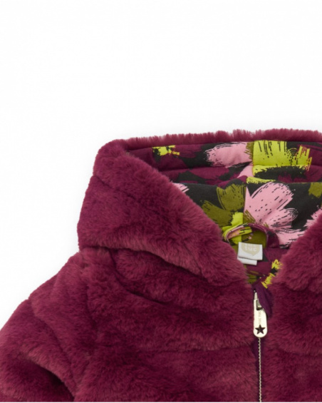 Faux fur jacket for girl in burgundy with hood and floral lining