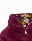 Faux fur jacket for girl in burgundy with hood and floral lining Faux fur jacket for girl in burgundy with hood and floral lining