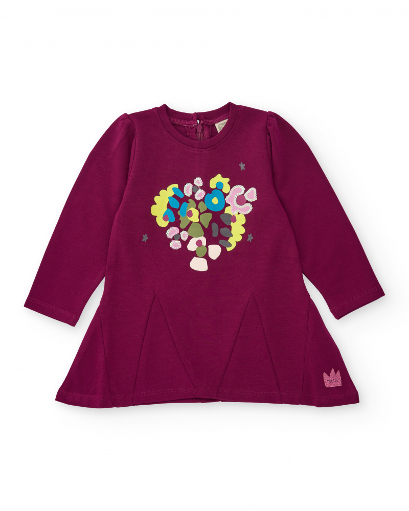 Fleece dress for girl in burgundy with floral print