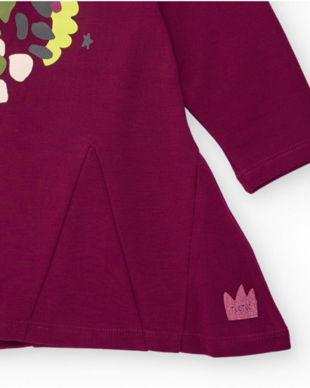 Fleece dress for girl in burgundy with floral print Fleece dress for girl in burgundy with floral print