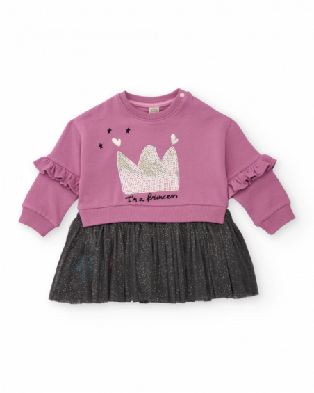 Sweatshirt dress for girl in pink with ruffle and glitter tulle skirt Sweatshirt dress for girl in pink with ruffle and glitter tulle skirt