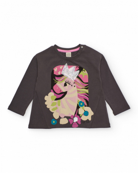 Long sleeve T-shirt for girl in dark grey with unicorn and sequin crown Long sleeve T-shirt for girl in dark grey with unicorn and sequin crown