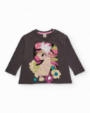 Long sleeve T-shirt for girl in dark grey with unicorn and sequin crown Long sleeve T-shirt for girl in dark grey with unicorn and sequin crown
