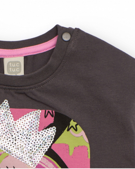 Long sleeve T-shirt for girl in dark grey with unicorn and sequin crown Long sleeve T-shirt for girl in dark grey with unicorn and sequin crown