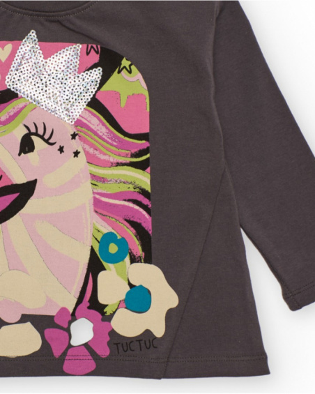 Long sleeve T-shirt for girl in dark grey with unicorn and sequin crown Long sleeve T-shirt for girl in dark grey with unicorn and sequin crown