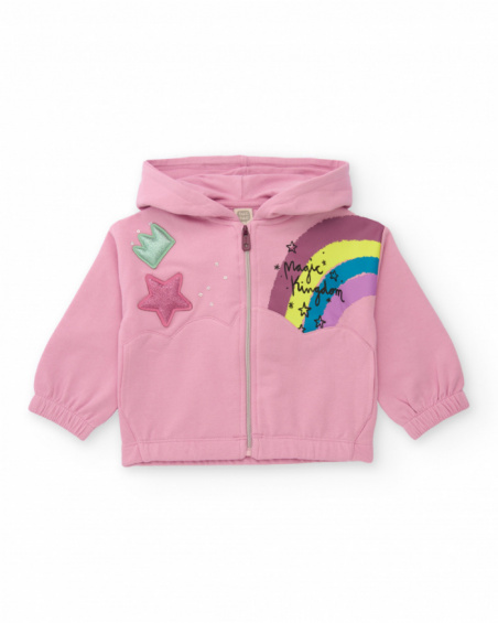 Hoodie for girl in pink with rainbow and appliqués Hoodie for girl in pink with rainbow and appliqués