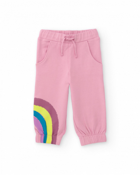 Pink fleece trousers for girl with rainbow print Pink fleece trousers for girl with rainbow print