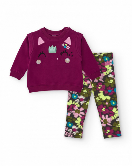 Girls’ burgundy sweatshirt and leggings set with embroidery and floral print Girls’ burgundy sweatshirt and leggings set with embroidery and floral print