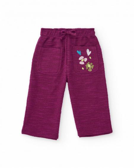 Wide-leg fleece pants for girls in burgundy with heart embroidery Wide-leg fleece pants for girls in burgundy with heart embroidery