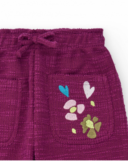 Wide-leg fleece pants for girls in burgundy with heart embroidery Wide-leg fleece pants for girls in burgundy with heart embroidery