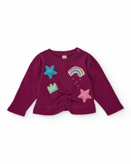 Long-sleeved t-shirt for girls in burgundy with knot and shiny appliqués Long-sleeved t-shirt for girls in burgundy with knot and shiny appliqués