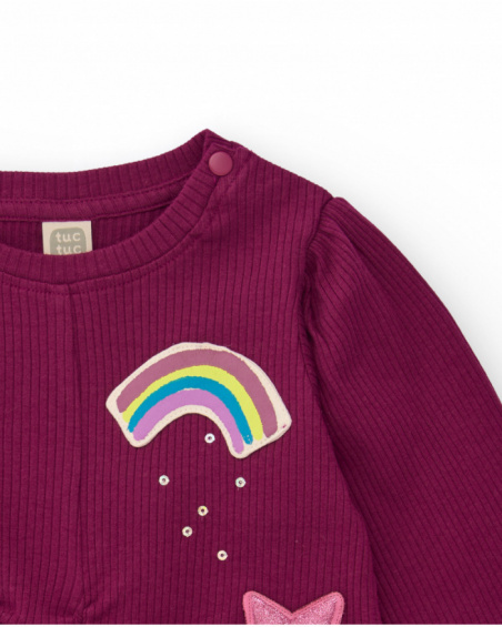 Long-sleeved t-shirt for girls in burgundy with knot and shiny appliqués Long-sleeved t-shirt for girls in burgundy with knot and shiny appliqués