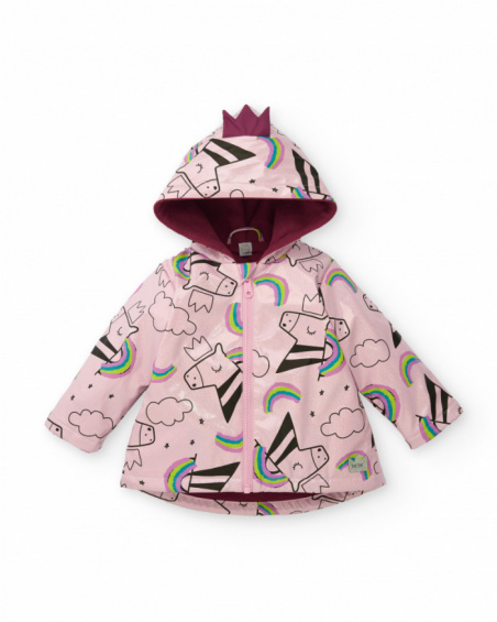 Waterproof hooded jacket for girls in pink with unicorn print