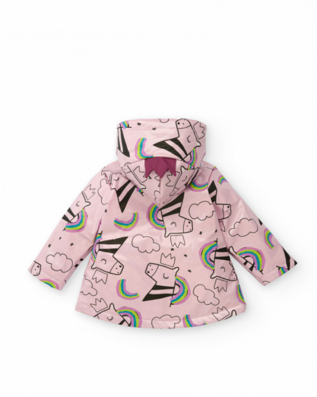 Waterproof hooded jacket for girls in pink with unicorn print