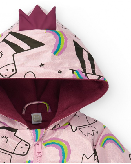 Waterproof hooded jacket for girls in pink with unicorn print