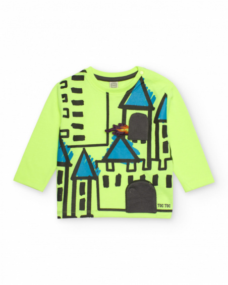 Long-sleeved T-shirt for boys in neon green with castle print