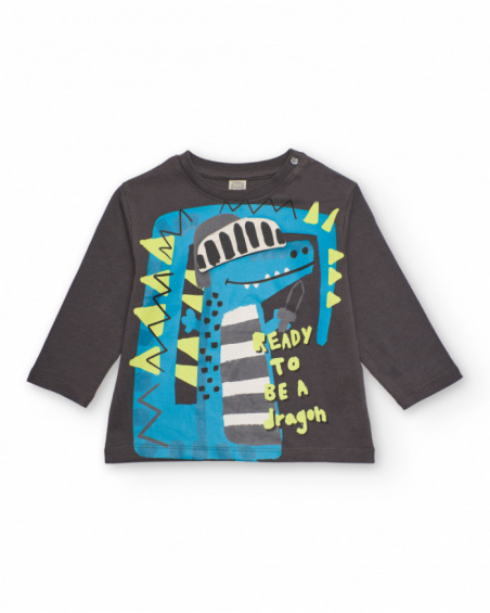 Long-sleeved t-shirt for boy in grey with blue dragon print