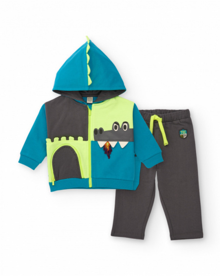 Sweatshirt and long pants set for boy in blue and grey with dragon design