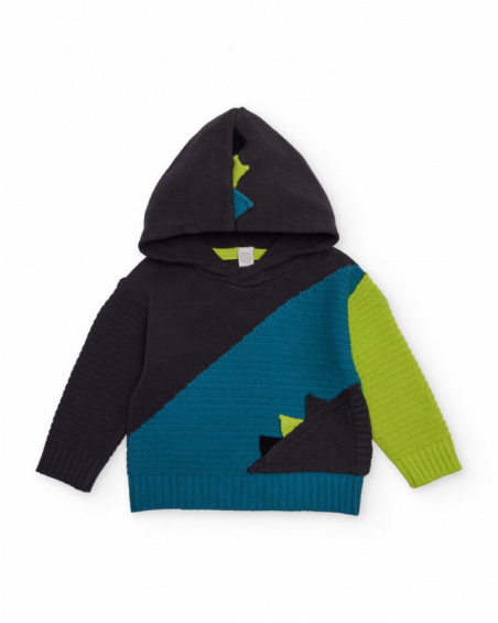 Knitted hoodie sweater for boys in blue, green and black with dinosaur details Knitted hoodie sweater for boys in blue, green and black with dinosaur details