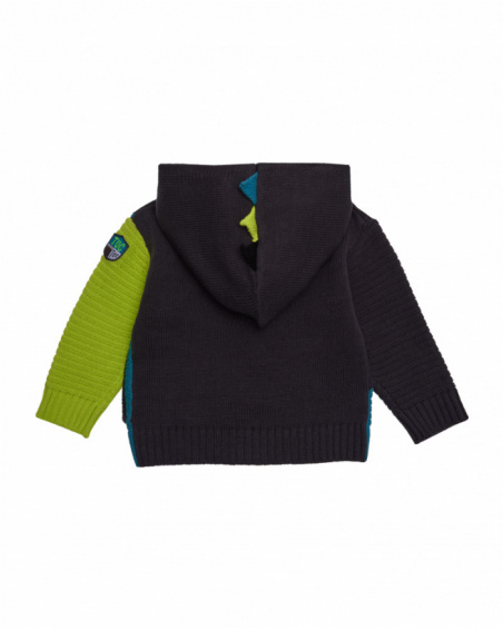 Knitted hoodie sweater for boys in blue, green and black with dinosaur details Knitted hoodie sweater for boys in blue, green and black with dinosaur details