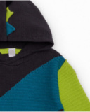 Knitted hoodie sweater for boys in blue, green and black with dinosaur details Knitted hoodie sweater for boys in blue, green and black with dinosaur details