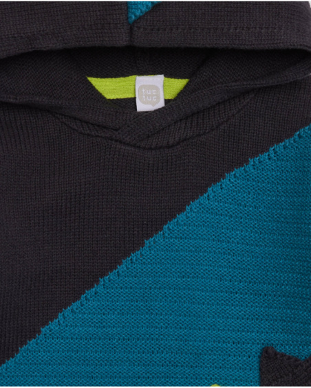 Knitted hoodie sweater for boys in blue, green and black with dinosaur details Knitted hoodie sweater for boys in blue, green and black with dinosaur details
