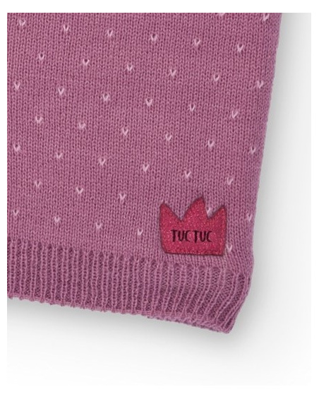 Knit neck warmer for girls in mauve with floral embroidery.