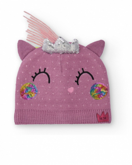 Knit beanie for girls in mauve with unicorn design.