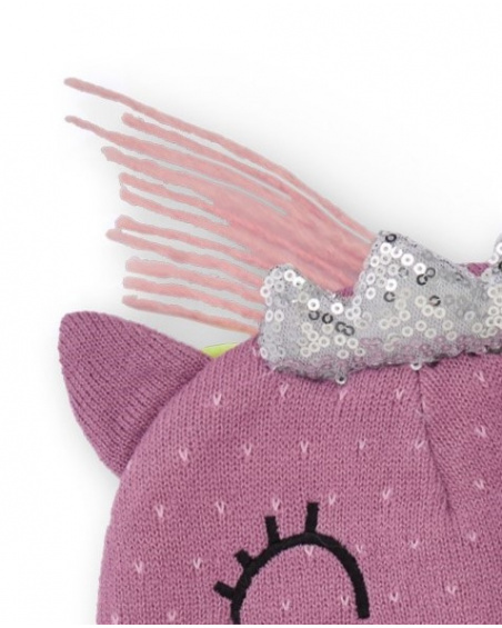 Knit beanie for girls in mauve with unicorn design.