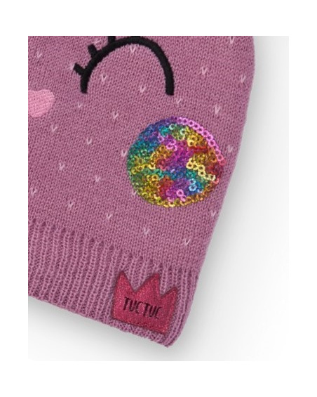 Knit beanie for girls in mauve with unicorn design.